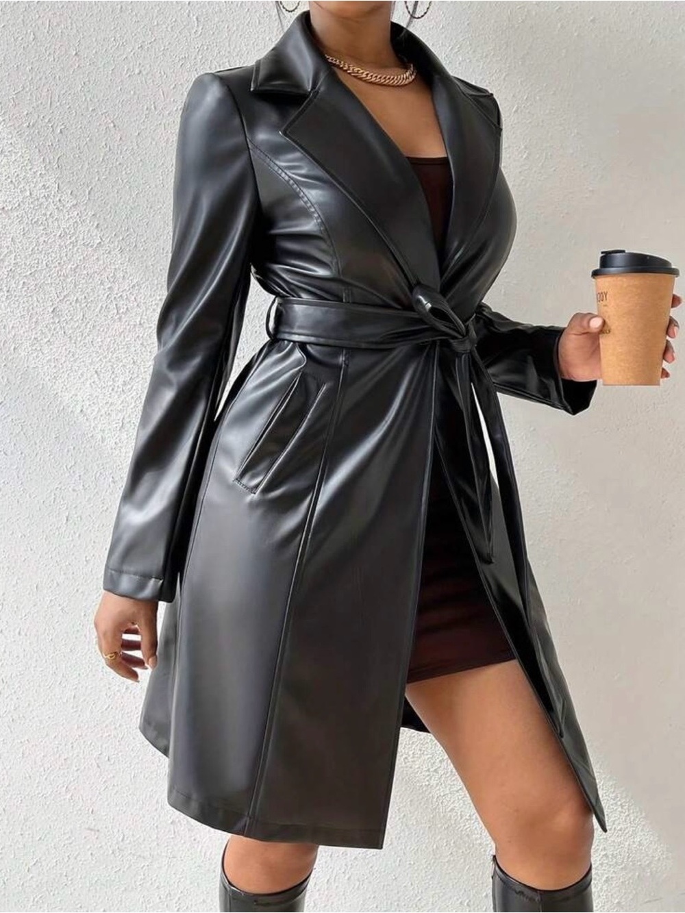 Black Faux Leather Belted Trench Coat